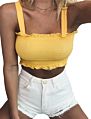 Women's Frill Smocked Crop Tank Top Bow Tie Strap Shoulder Bandeau Stretch Tube Top