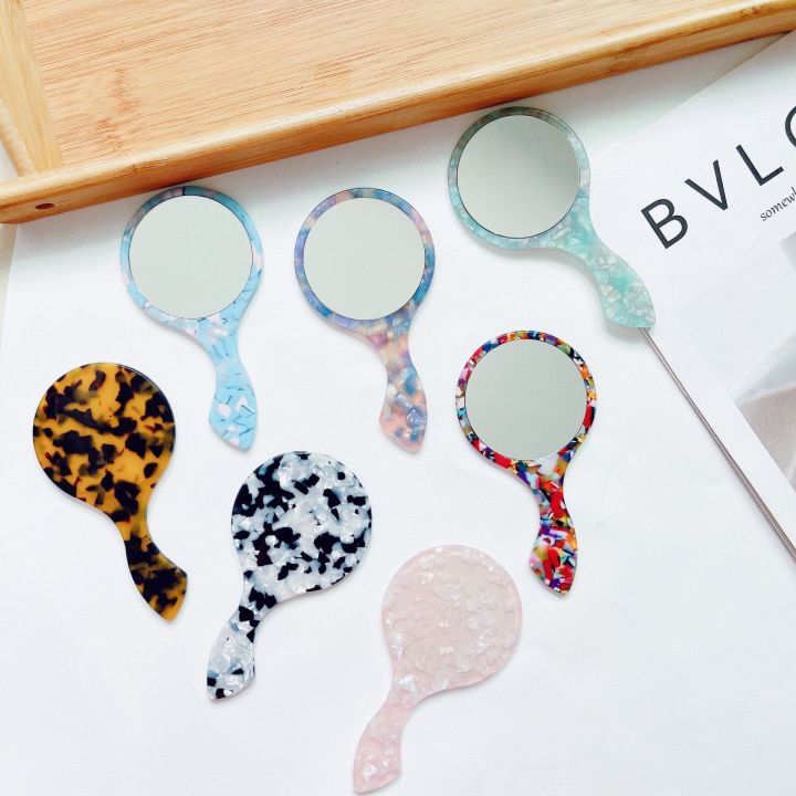 Korea Vintage 12.1*6.3 Cm Private Logo Tortoise Acrylic Acetate Hand Held Pocket Cosmetic Makeup Mirrors