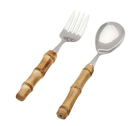 Natural Bamboo Silverware Set with Serving Utensils, Stainless Steel Forged Cutlery Salad Fork and Spoon Set for Hotel