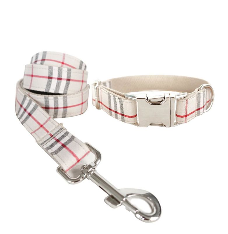 Adjustable Nylon Pet Dog Collar with Leash Harness, Classic Scottish Beige Plaid Pattern Designed