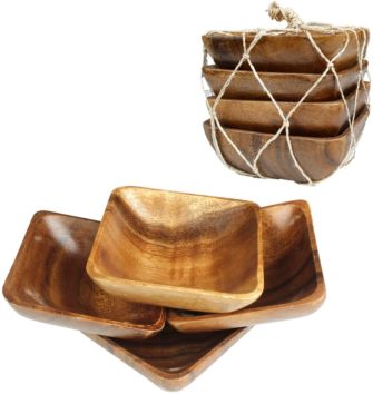 100% Natural Square Acacia Handmade Wood Carved Plates Set of 4 Calabash Bowls Size 4 Inch