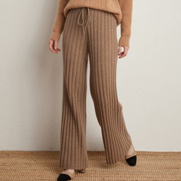 100 Pure Cashmere Rib Knitted Womens Loose Wide Leg Pants