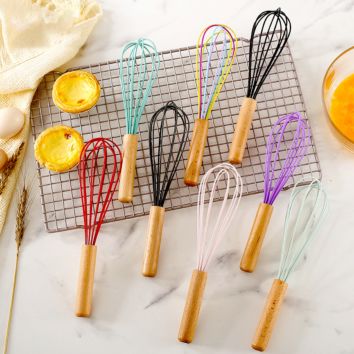 10 Inch Manual Balloon Wire Egg Beater Egg Frother Blending Silicone Whisking Whisk with Wooden Handle