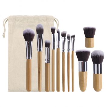 11Pcs Eco-Friendly Bamboo Handle Natural Hair Professional Makeup Brush Set/Kit Vegan Cruelty Free - Premium Synthetic Kabuki