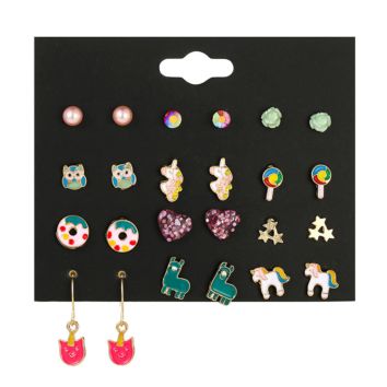 12 Pairs/Set Cute Lovely Mixed Small Enamel Owl Resin Flower Stud Earrings Set