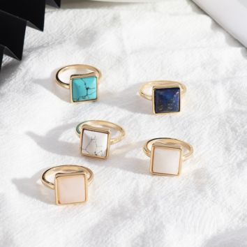 1.2Cm Square White Green Turquoise Rose Pink Quartz Stone Rings Inner Dia 1.7Cm Pendientes Finger Rings Jewelry for Wom