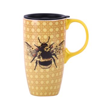 17Oz. Yellow Bees Tall Coffee Cup Ceramic Mug Porcelain Latte Tea Cup with Lid