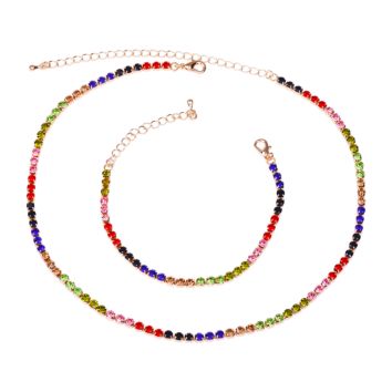 2Sets Shiny Rhinestone Crystal Rainbow Colorful Gold Plate Tennis Necklace Choker with Bracelet for Ladies