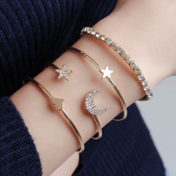 4Pcs/Set Moon Star Heart Bangle Gold Chain Charm Bracelet Bangle for Women Simple Geometric Bracelets