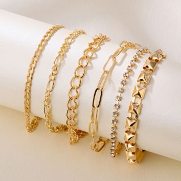 6-Piece Gold Thick and Thin Chain Crystal Bracelet Set for Suit Decoration