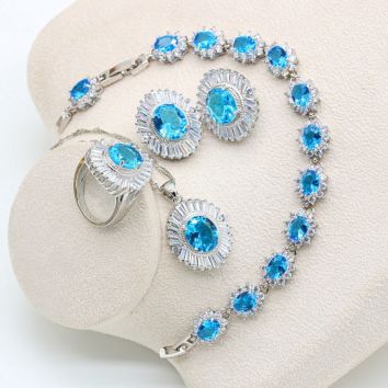 925 Silver Sky Blue Topaz Bridal Jewelry Sets for Women Stud Earrings Necklace Ring Pendant Bracelets