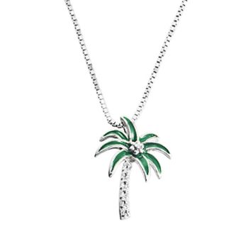 925 Sterling Silver Enamel Crystal Palm Tree Pendant Necklace