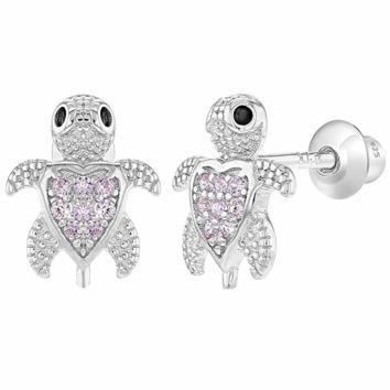 925 Sterling Silver Pink Cz Little Turtle Screw Back Earrings for Toddlers Girls