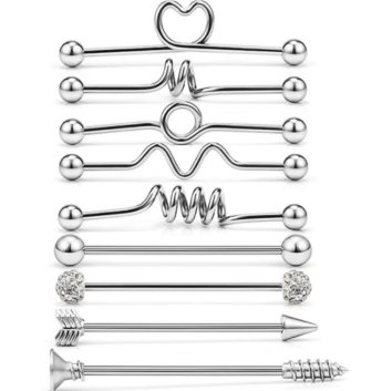 9Pcs 16G Industrial Barbell Surgical Steel Earrings Bending Heart Circle Cartilage Long Ear Industrial Body Piercing