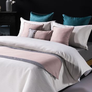 A Grade Luxury Pink Grey Spliced Series Polyester Embroidery 6 in 1 Bed Runner Waist Cushion Cover Decor Set