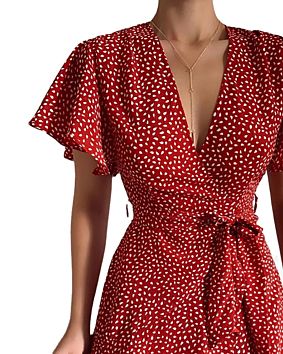 Aachoae Women Dresses V Neck Floral Print Beach Dress Ruffle Short Sleeve A-Line Mini Chiffon Short Sleeve Dress