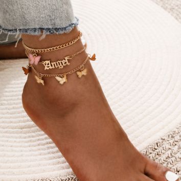 Acrylic Butterfly Pendant Anklet Bracelet Gold Letter Pink Anklet 3-Piece Set Women Jewelry