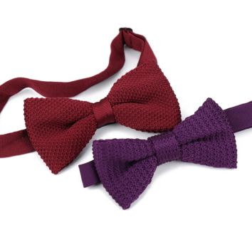 Adjustable Burgundy Men Knitted Bowtie Solid Color Knit Polyester Bow Tie Shirt