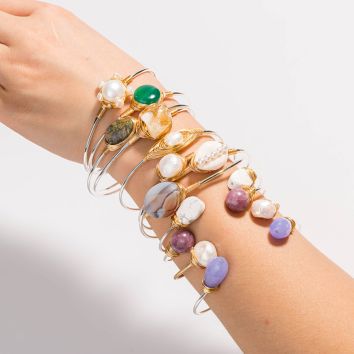 Adjustable Gold Freshwater Pearl Nature Stone Shell Crystal Cuff Bangles & Bracelets Women Girl Wedding Bridesmaid Gift Jewelry