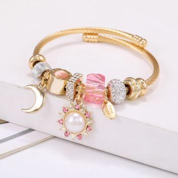 Adjustabler Sun Moon Pendant Women Pink Crystal Stainless Steel Bangle Charm Bracelet