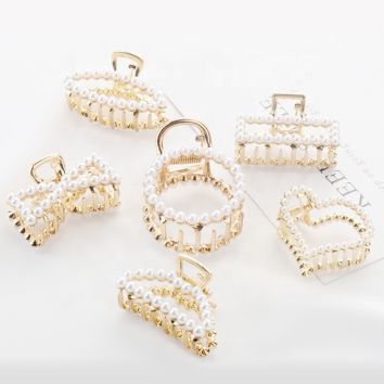 Alloy Metal Hair Accessories Gold Color Rhinestone Pearl Hair Claws for Women