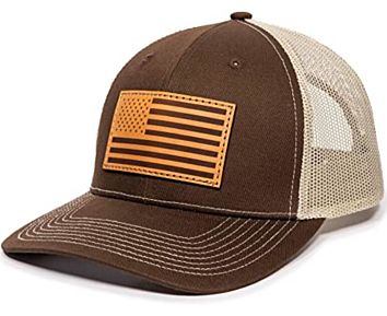 American Flag Genuine Leather Patch Mesh Back Trucker Hat - Adjustable Snapback Baseball Cap for Men & Women