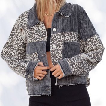 Apparel Leopard Pattern Stitching Corduroy Autumn and European and Beautiful Ladies Denim Jacket Women Coat