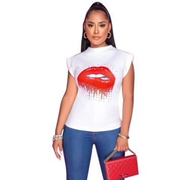 Arrivals Casual Women Short Sleeves Top White T Shirts Red Lips Mouth Printing Outfits Clothing