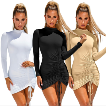 Arrivals Fall Solid Color Woman Dress Bodycon Long Sleeve Thicken Turtleneck Shirring Dress