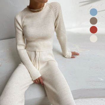 Women Knitted Sportwear Backless Pullover Sweater 2 Piece Pant Suits