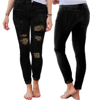 Arrive Women Clothing Denim Jeans Ripped Leopard Patch Pocket High Waist Skinny Jeans