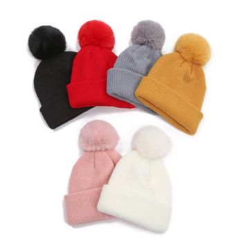 Autumn and Children's Rabbit Fur Wool Curled Edge Warm Solid Color Knitted Hat Knit Cap Hats Beanie Hat with Pom P