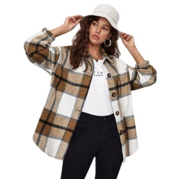 Autumn and Office Ladies Coat Loose Lapel Long-Sleeved Thick Casual Plaid Shirt Jacket Women