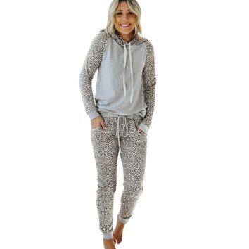 Autumn Ladies Gray Leopard Print Hoodie and Joggers Suits 2 Piece Set Tracksuits for Women