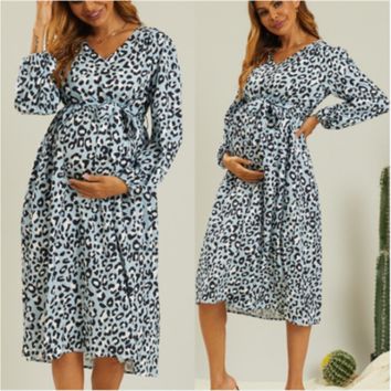 Autumn Loose V Neck Print Pullover Long Sleeved Pregnant Mother Dress