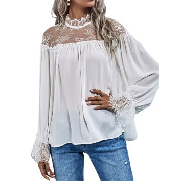 Autumn Spring O-Neck Long Sleeve Ruffle Contrast Lace Elegant Ladies Wear Chiffon Women Blouses