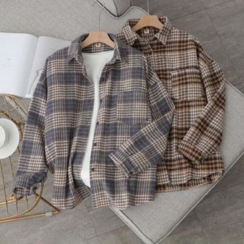 Autumn Women Casual plus Size Long Sleeve Strip Thick Oversized Flannel Checked Plaid Shirt