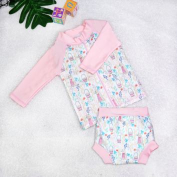 Baby Girl Print Baby Swimwear Suit Long Sleeve Shirts and Pants Swim Diaper, Baby Swimdress Easy to Wear