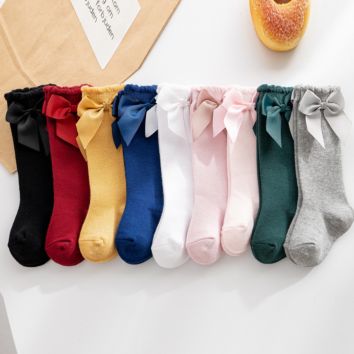 Baby Girls Ribbon Bow Knee High Socks Toddler Newborn Long Stockings Kids Girls Princess Ruffle Socks School Uniform Socks