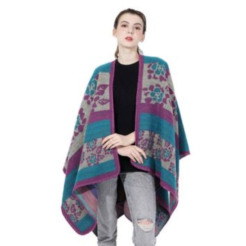 Batwing Sleeve Crew Neck Acrylic Jacquard Sweater Poncho for Woman