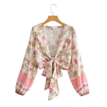 Beautiful Floral Print Deep V Neck Wrap Tops Women Bohemian Long Sleeve Rayon Blouse