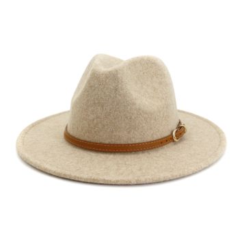 Beige Wool Fedora Hat with Belt Panama Jazz Cap Men Women Autumn Wide Brim Hats