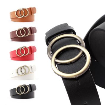 Belts for Women Double Ring Belt Pu Leather Metal Buckle Waist Belt Female Ladies Casual Dress Jeans Wild Waistband