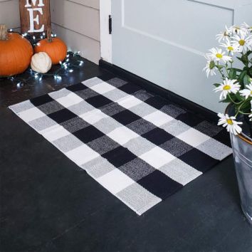 Black and White Cotton Buffalo Check Rug Outdoor Door Mat Home Plaid Area Carpet for Floor Kitchen Bathroom