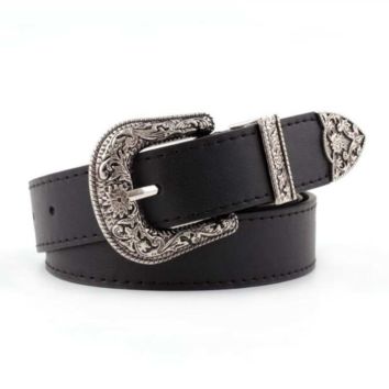 Black Leather Women Metal Heart Buckle Waist Vintage Western Carved Ladies Belt Waistband Cinturon Mujer