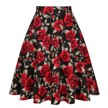Black Rose Printed Floral Skirt High Waist Women Cotton 50S 60S Punk Flare Retro Vintage Skirt Vd0020