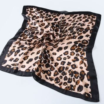 Black Side Leopard Square Satin Silk Feel Chiffon Scarf