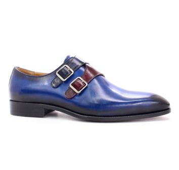 Blue Leather Slip on Men Shoes Double Monk Strap Pointed Toe Dress Shoes