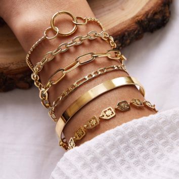 Bohemian Geometric Multi-Layer Gold Color Chunky Thick Chain Bracelet Set for Women Jewelry Gifts