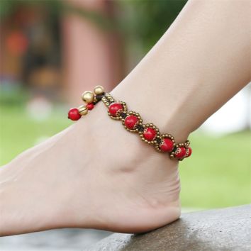 Bohemian Style Anklet, Semi-Precious Stone Wax Rope Hand-Woven Anklet, Jewelry